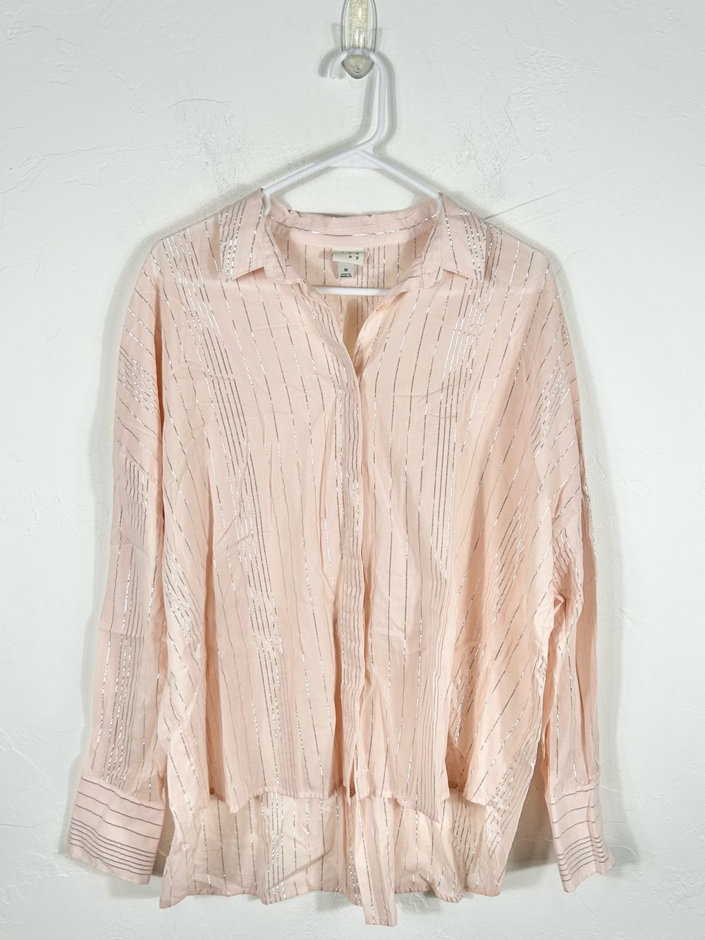A New Day Pink Button Down Blouse with Silver Metallic Pinstripes Size M